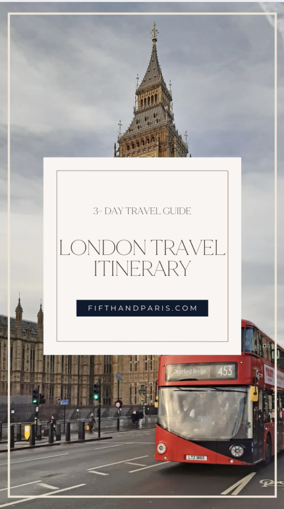 London Travel Itinerary cover featuring Big Ben and a red double-decker bus — a refined addition to the Fifth & Paris style guides.